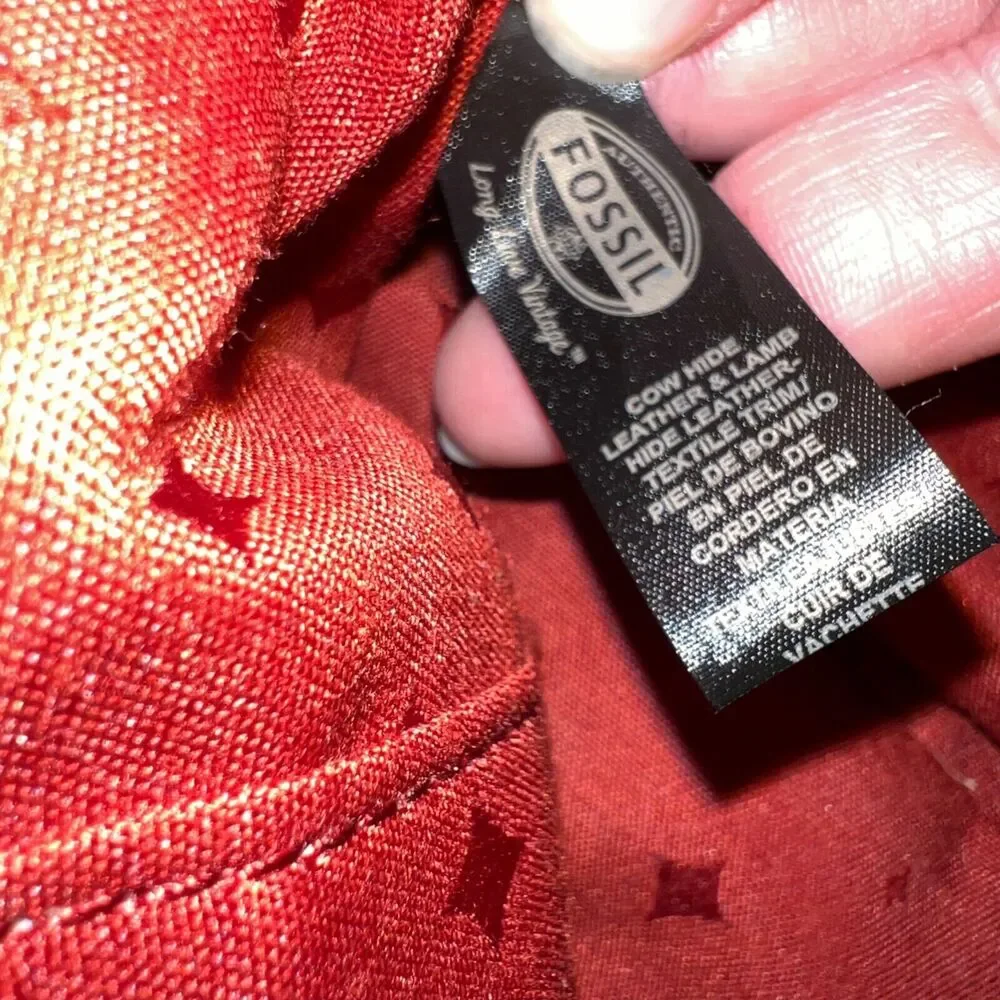 Fossil Hunter Leather Tote Bag Pink Red Zip Closure Key Charm Silver Hardware